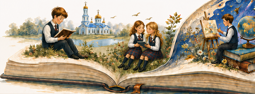 Ученики в форме гимназии читают и рисуют на страницах раскрытой книги; рядом храм гимназии